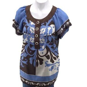Nicole By Nicole Miller Womans M Blue Brown White Floral Short Sleeve Blouse